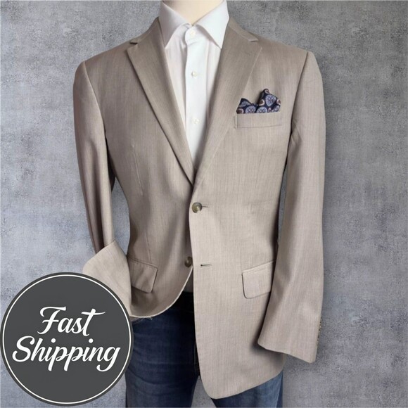 JOS A BANK Tailored Fit Men’s Blazer 40R Beige Wool Sport Coat Two Button Jacket - Picture 1 of 12
